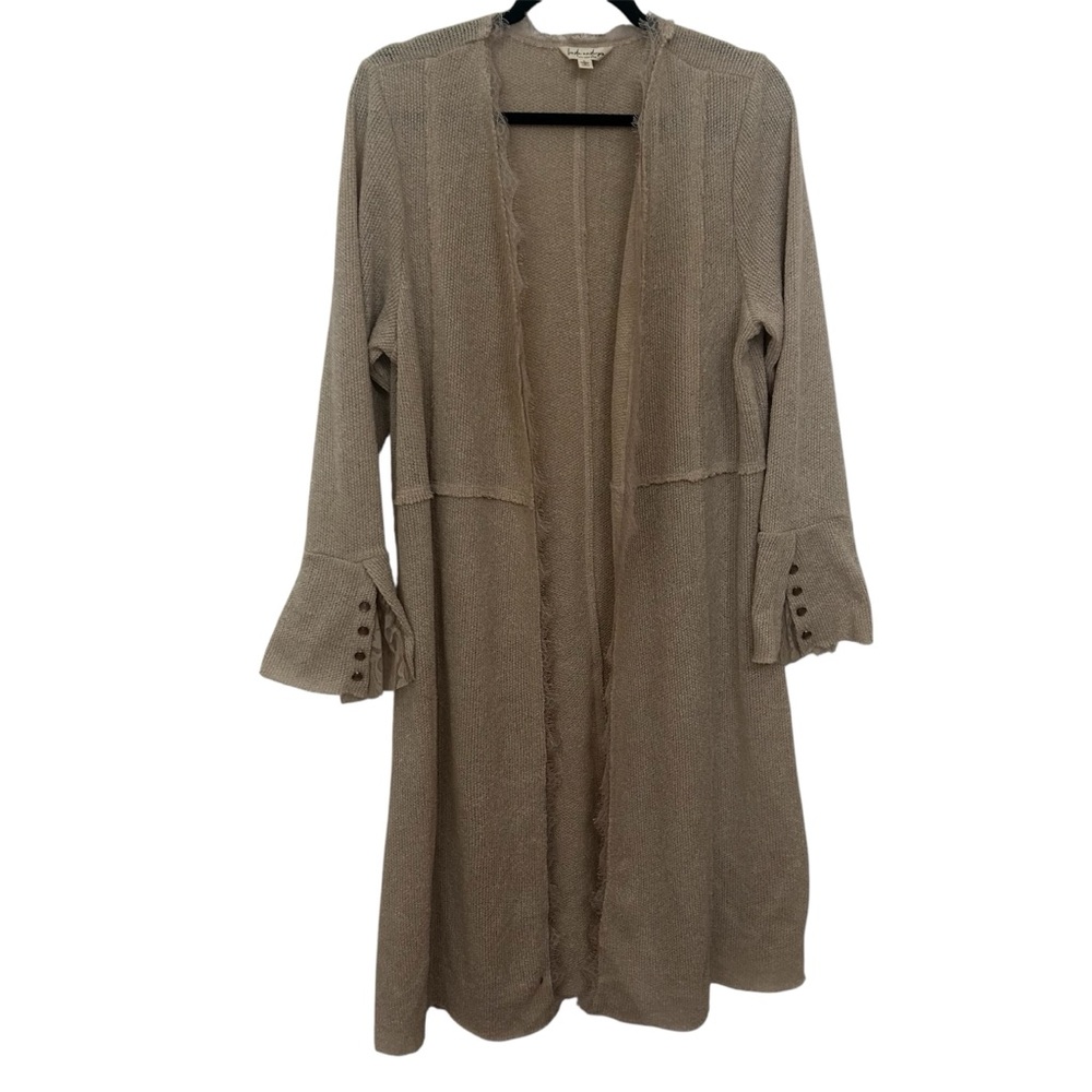 Linda Anderson Long Tan Cardigan Sweater w/Lace Buttoned Detailed Sleeves Size L